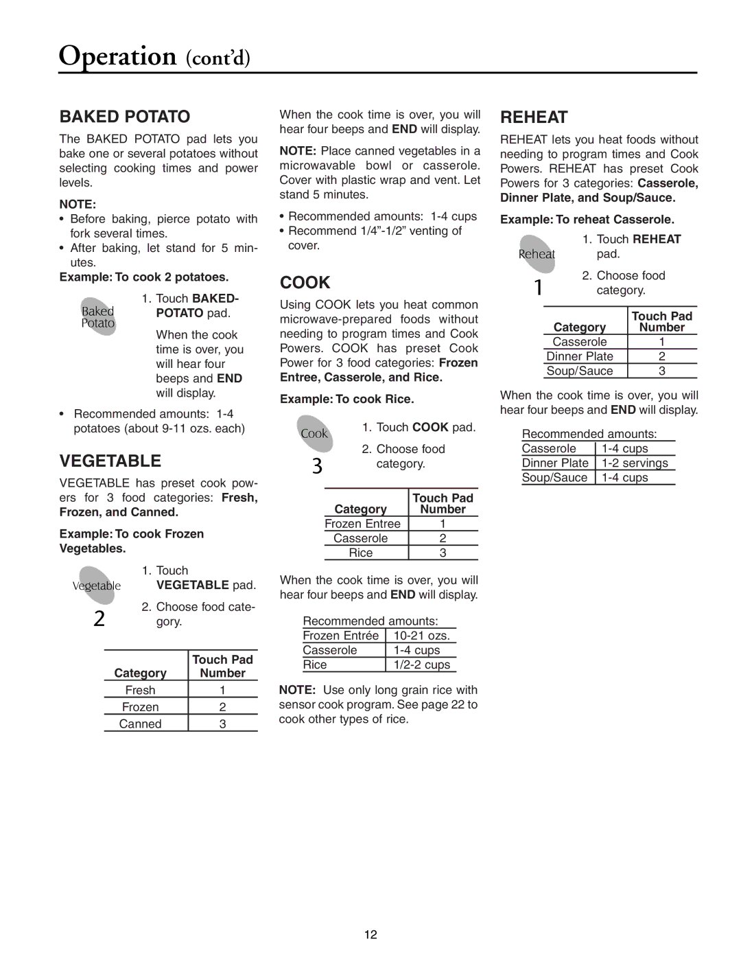 Maytag MMV51566AA/MMV5156AC owner manual Baked Potato, Vegetable, Cook, Reheat 