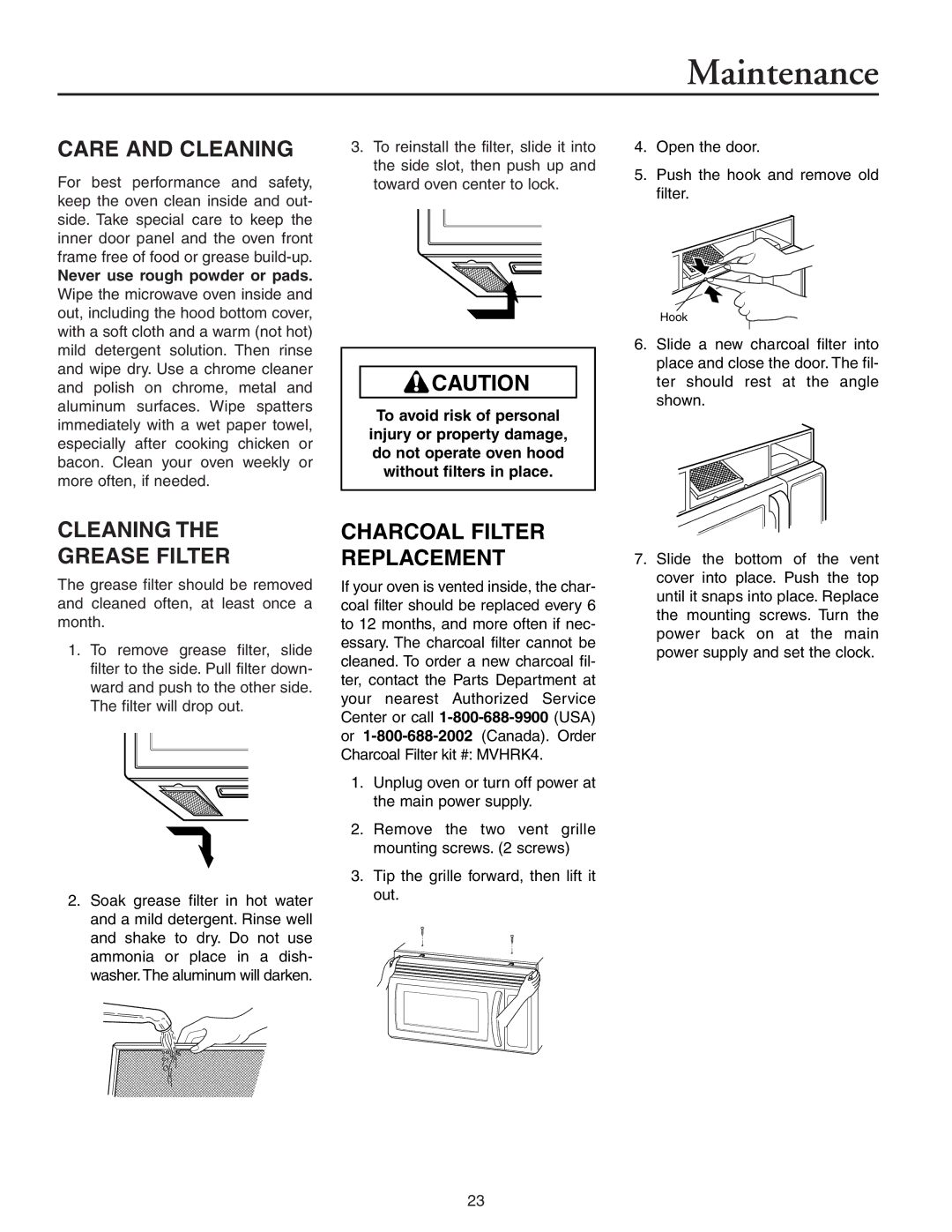 Maytag MMV51566AA/MMV5156AC Maintenance, Care and Cleaning, Cleaning Grease Filter, Charcoal Filter Replacement 