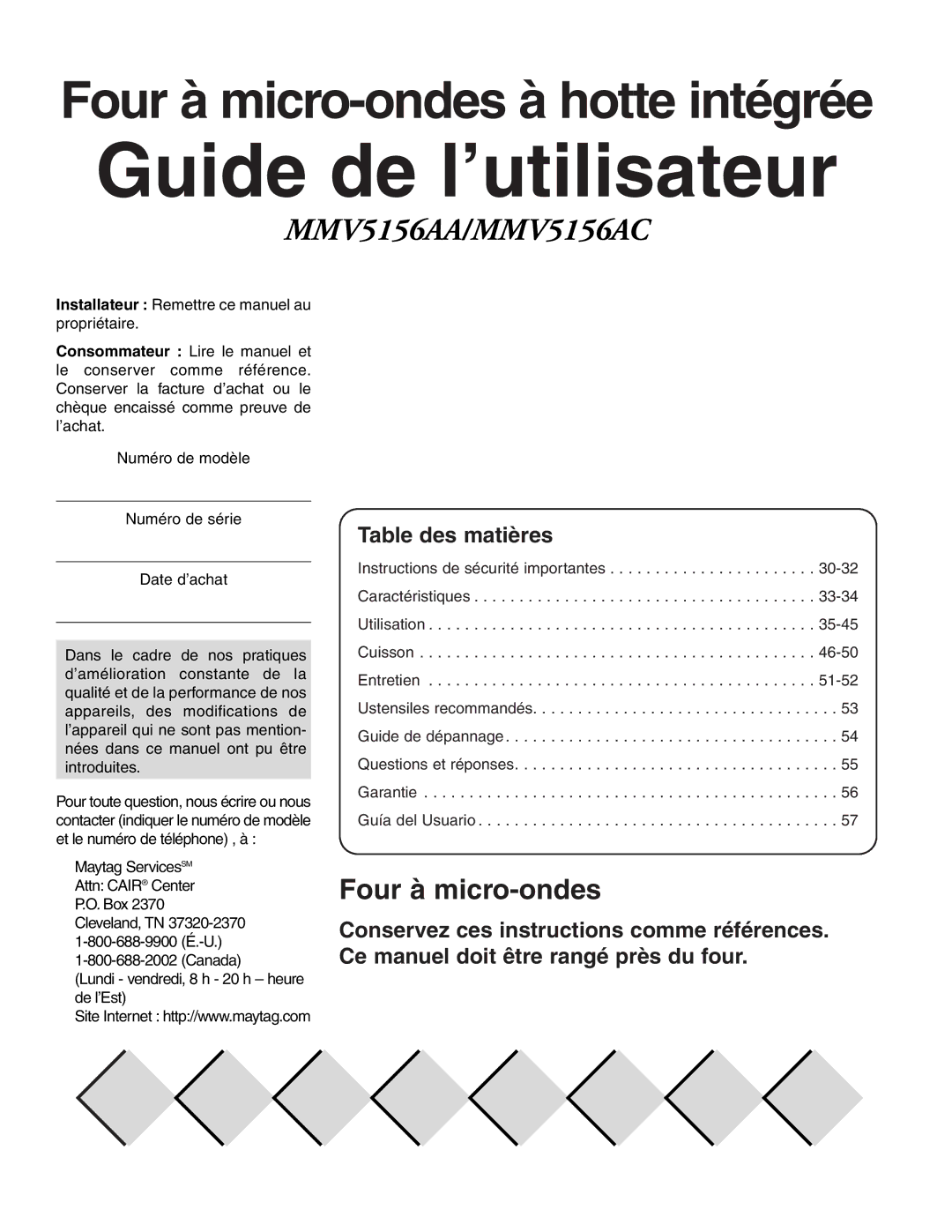 Maytag MMV51566AA/MMV5156AC owner manual Guide de l’utilisateur, Table des matières 