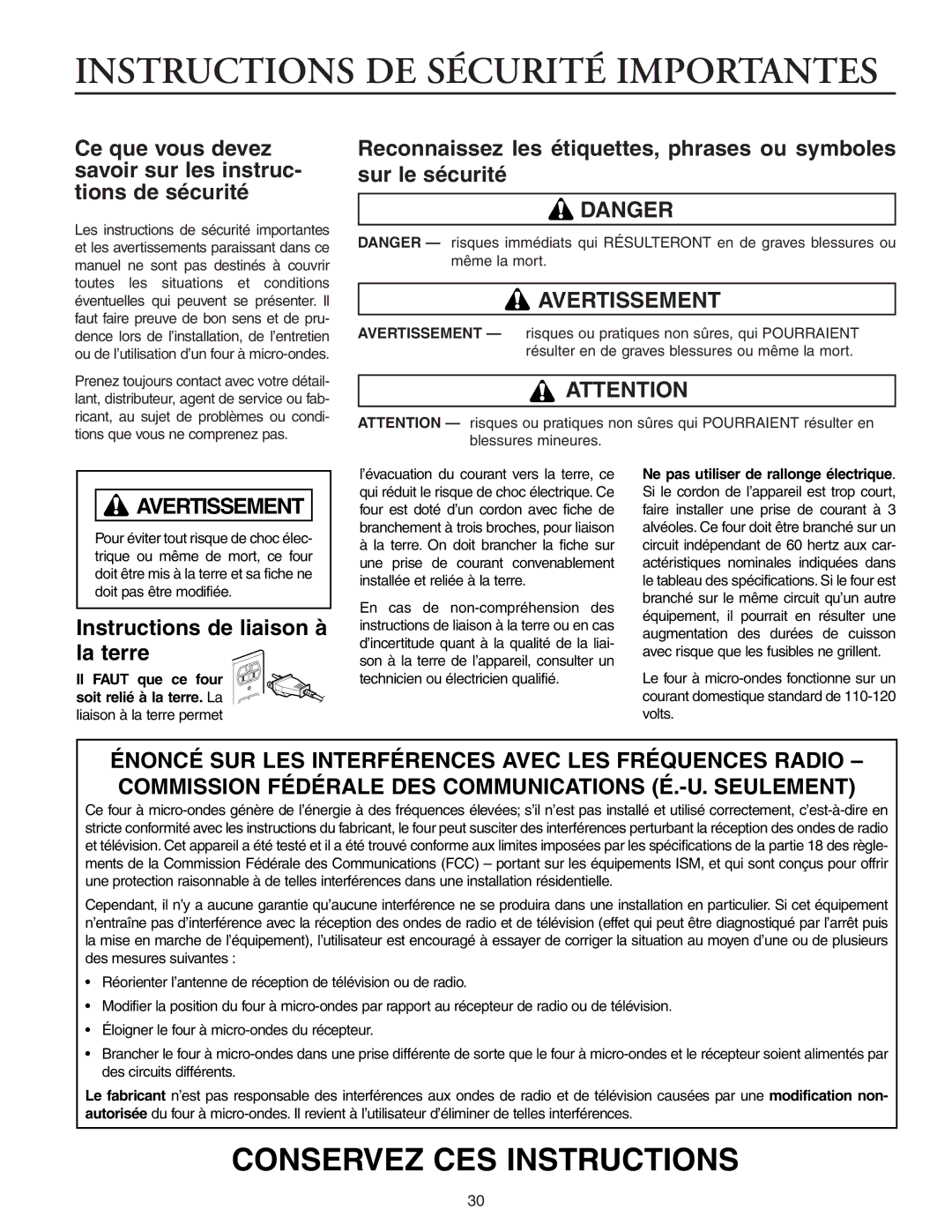 Maytag MMV51566AA/MMV5156AC owner manual Avertissement, Instructions de liaison à la terre 