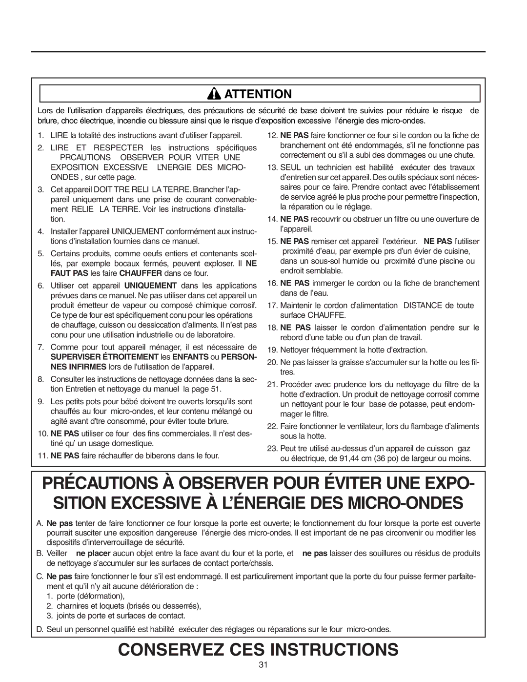 Maytag MMV51566AA/MMV5156AC owner manual Instructions DE Sécurité Importantes 