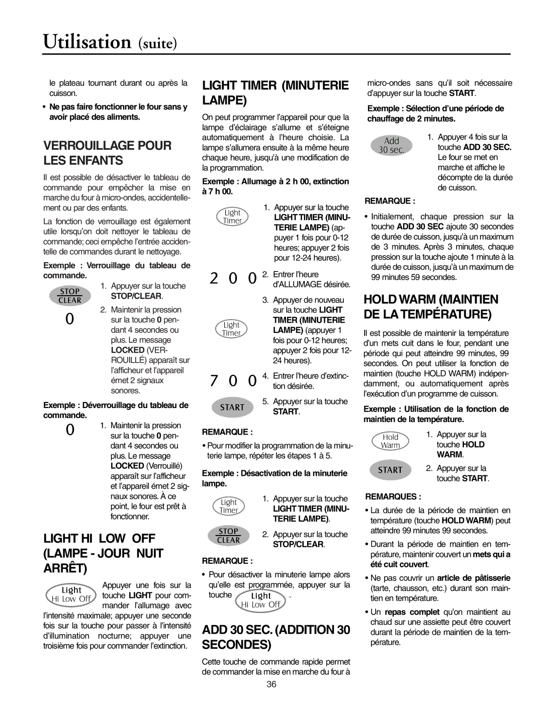 Maytag MMV51566AA/MMV5156AC owner manual Utilisation suite, Verrouillage Pour LES Enfants, Light Timer Minuterie Lampe 