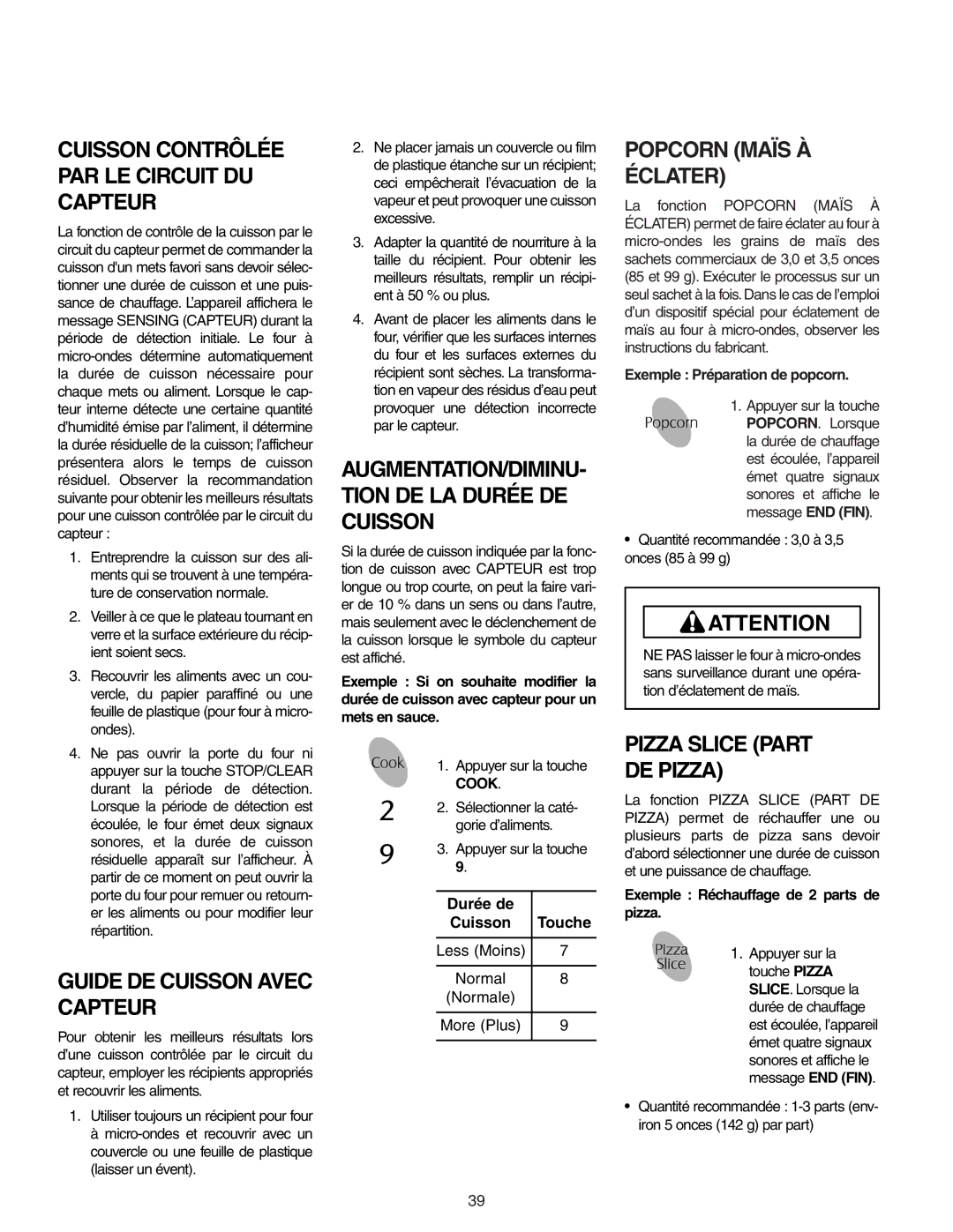 Maytag MMV51566AA/MMV5156AC owner manual Guide DE Cuisson Avec Capteur, Popcorn Maïs À Éclater, Pizza Slice Part DE Pizza 