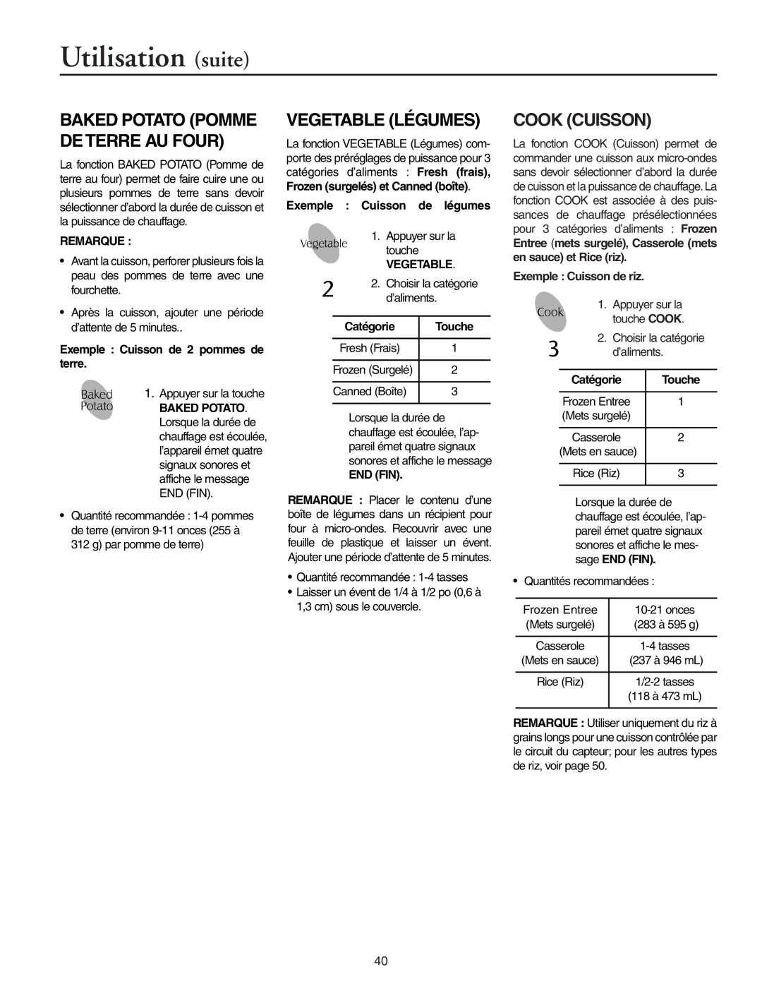 Maytag MMV51566AA/MMV5156AC owner manual Vegetable Légumes, Cook Cuisson, Baked Potato Pomme DE Terre AU Four 