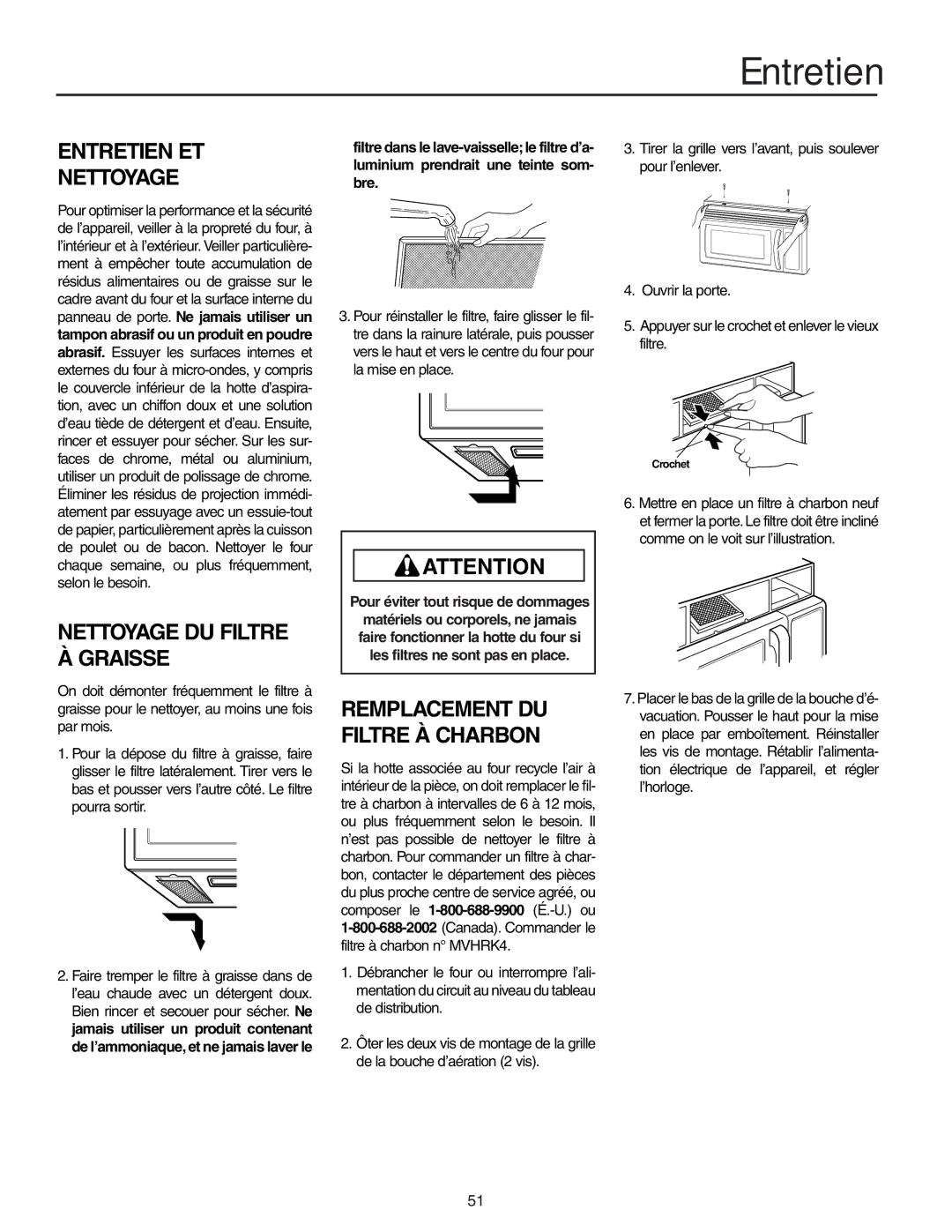 Maytag MMV51566AA/MMV5156AC Entretien ET Nettoyage, Nettoyage DU Filtre À Graisse, Remplacement DU Filtre À Charbon 