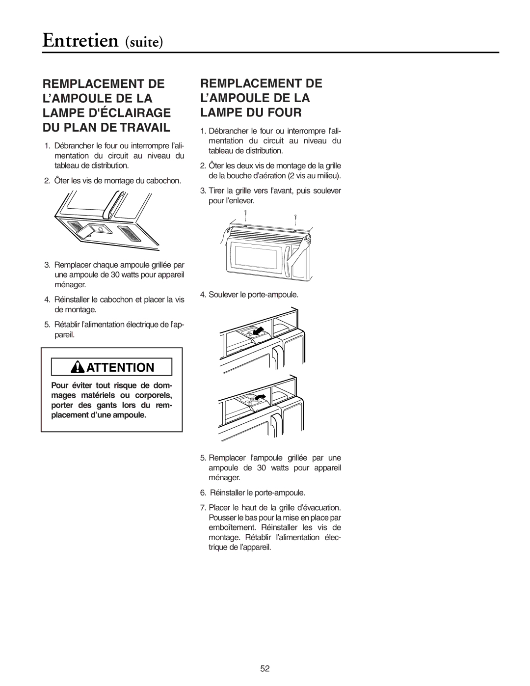 Maytag MMV51566AA/MMV5156AC owner manual Entretien suite, Remplacement DE L’AMPOULE DE LA Lampe DU Four 