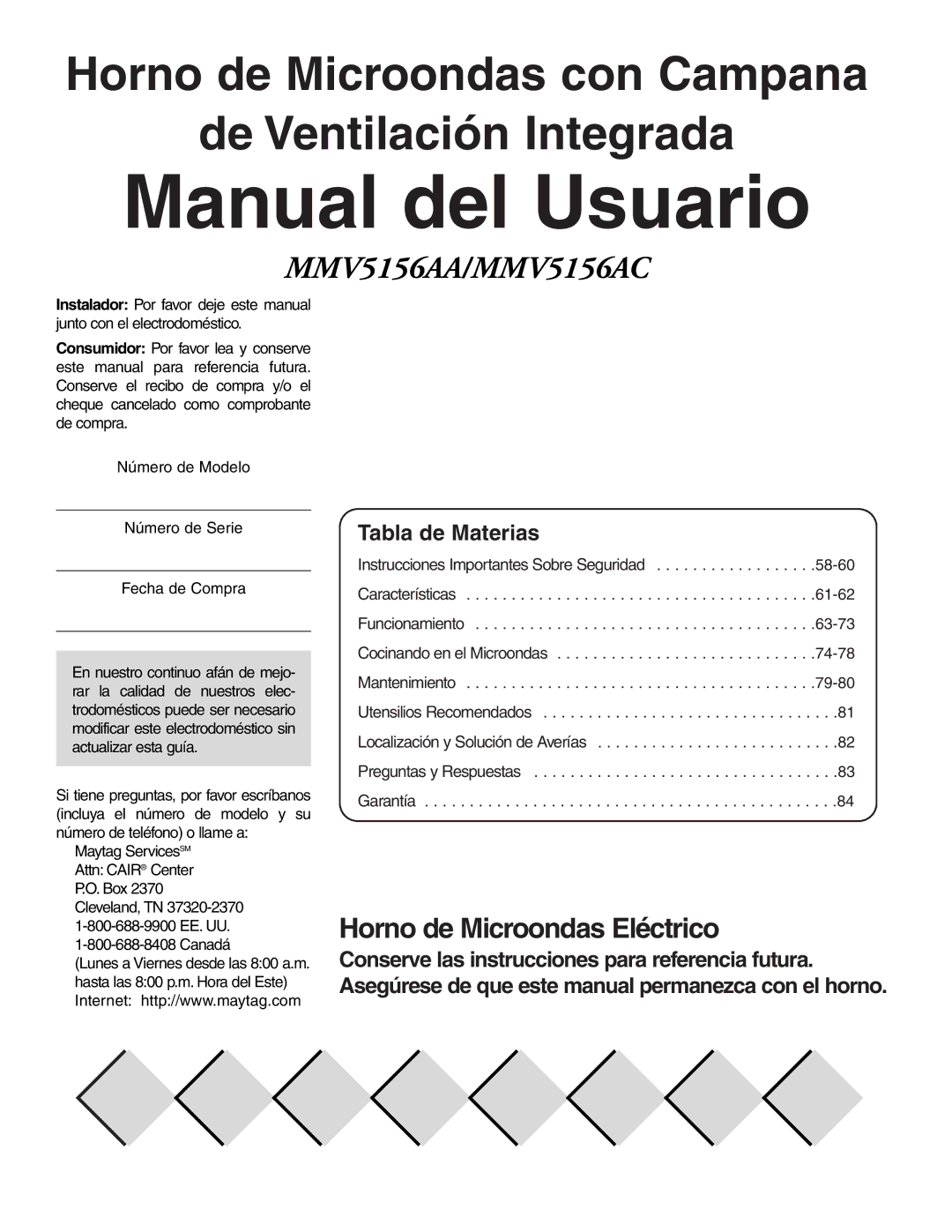 Maytag MMV51566AA/MMV5156AC owner manual Tabla de Materias 