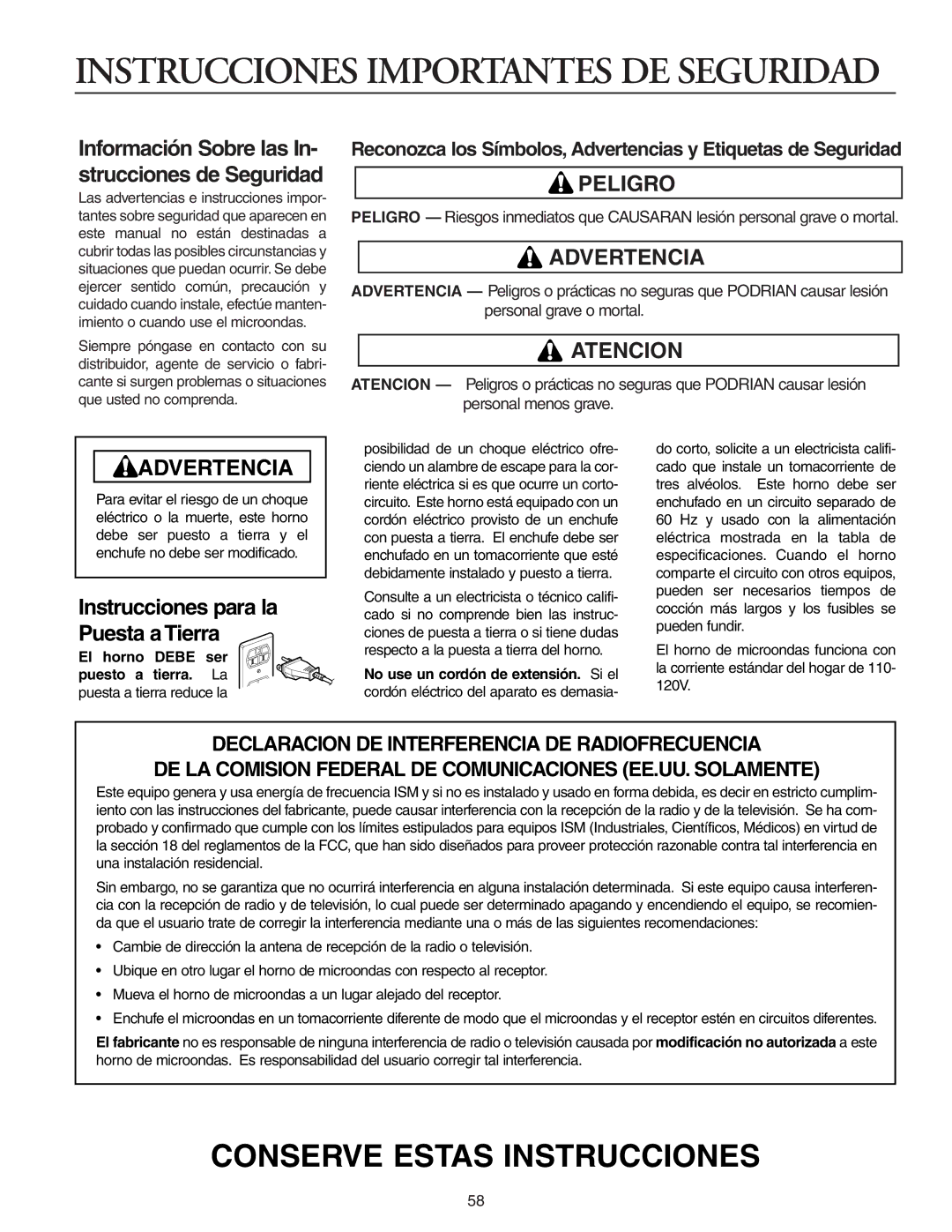 Maytag MMV51566AA/MMV5156AC owner manual Peligro, Advertencia, Atencion, Instrucciones para la Puesta a Tierra 