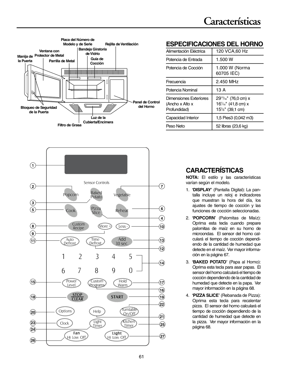 Maytag MMV51566AA/MMV5156AC owner manual Características, Especificaciones DEL Horno, 2915⁄16 76,0 cm 