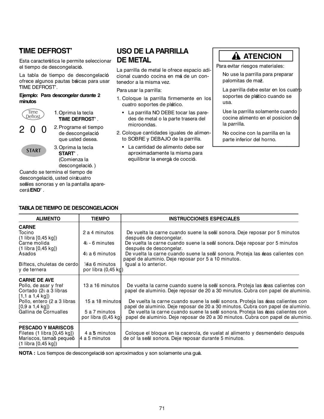 Maytag MMV51566AA/MMV5156AC ‘Time Defrost’, USO DE LA Parrilla DE Metal, Ejemplo Para descongelar durante 2 minutos 