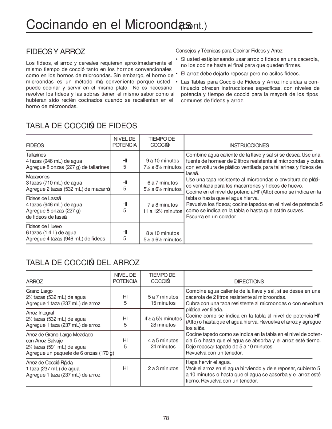 Maytag MMV51566AA/MMV5156AC owner manual Fideos Y Arroz, Tabla DE Cocción DE Fideos, Tabla DE Cocción DEL Arroz 