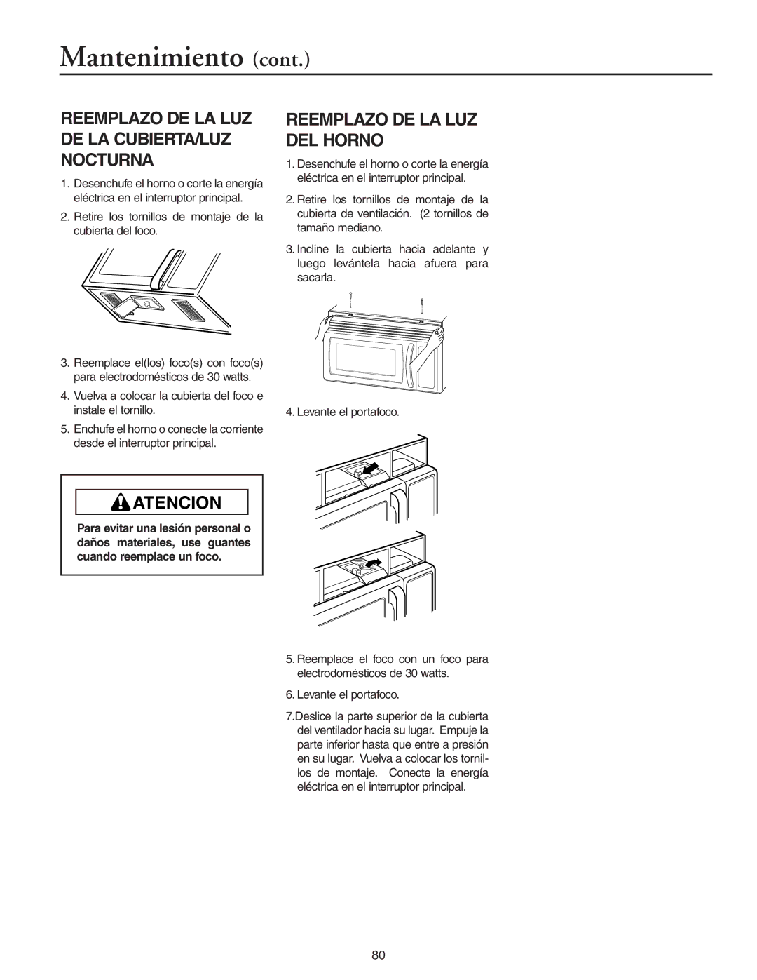 Maytag MMV51566AA/MMV5156AC owner manual Reemplazo DE LA LUZ DEL Horno, Reemplazo DE LA LUZ DE LA CUBIERTA/LUZ Nocturna 