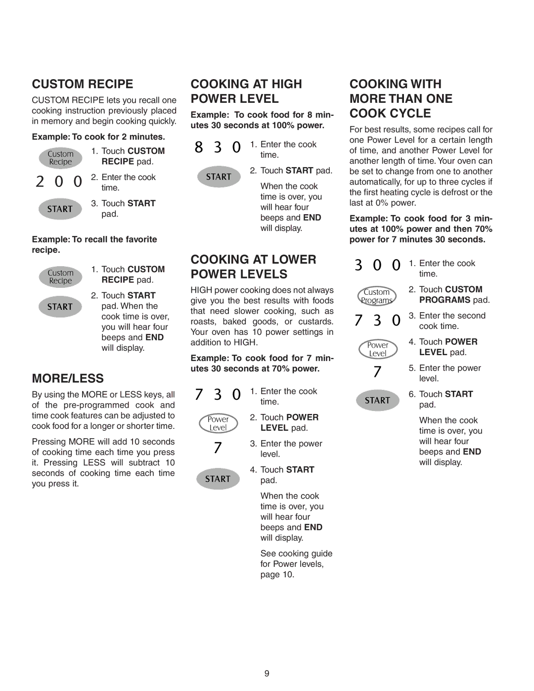 Maytag MMV51566AA/MMV5156AC Custom Recipe, More/Less, Cooking AT High Power Level, Cooking AT Lower Power Levels 