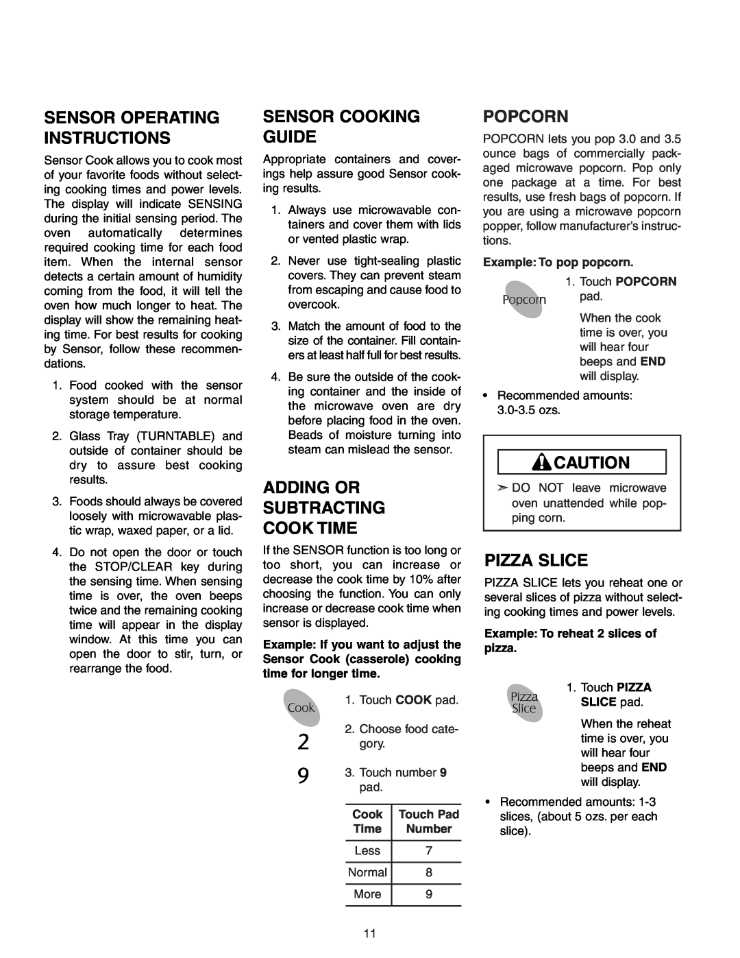 Maytag MMV51566AA/MMV5156AC owner manual Sensor Cooking Guide, Adding Or Subtracting Cook Time, Popcorn, Pizza Slice 