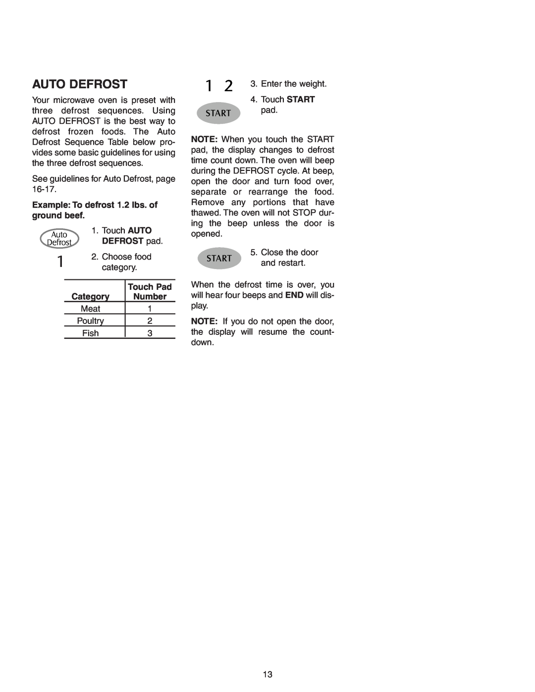 Maytag MMV51566AA/MMV5156AC Auto Defrost, Example: To defrost 1.2 lbs. of ground beef, DEFROST pad, Category, Number 