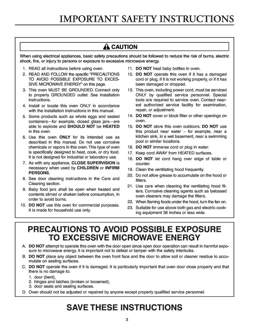 Maytag MMV51566AA/MMV5156AC Precautions To Avoid Possible Exposure, To Excessive Microwave Energy, Save These Instructions 