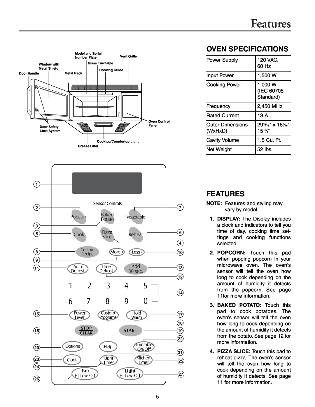 Maytag MMV51566AA/MMV5156AC owner manual Features, Oven Specifications 