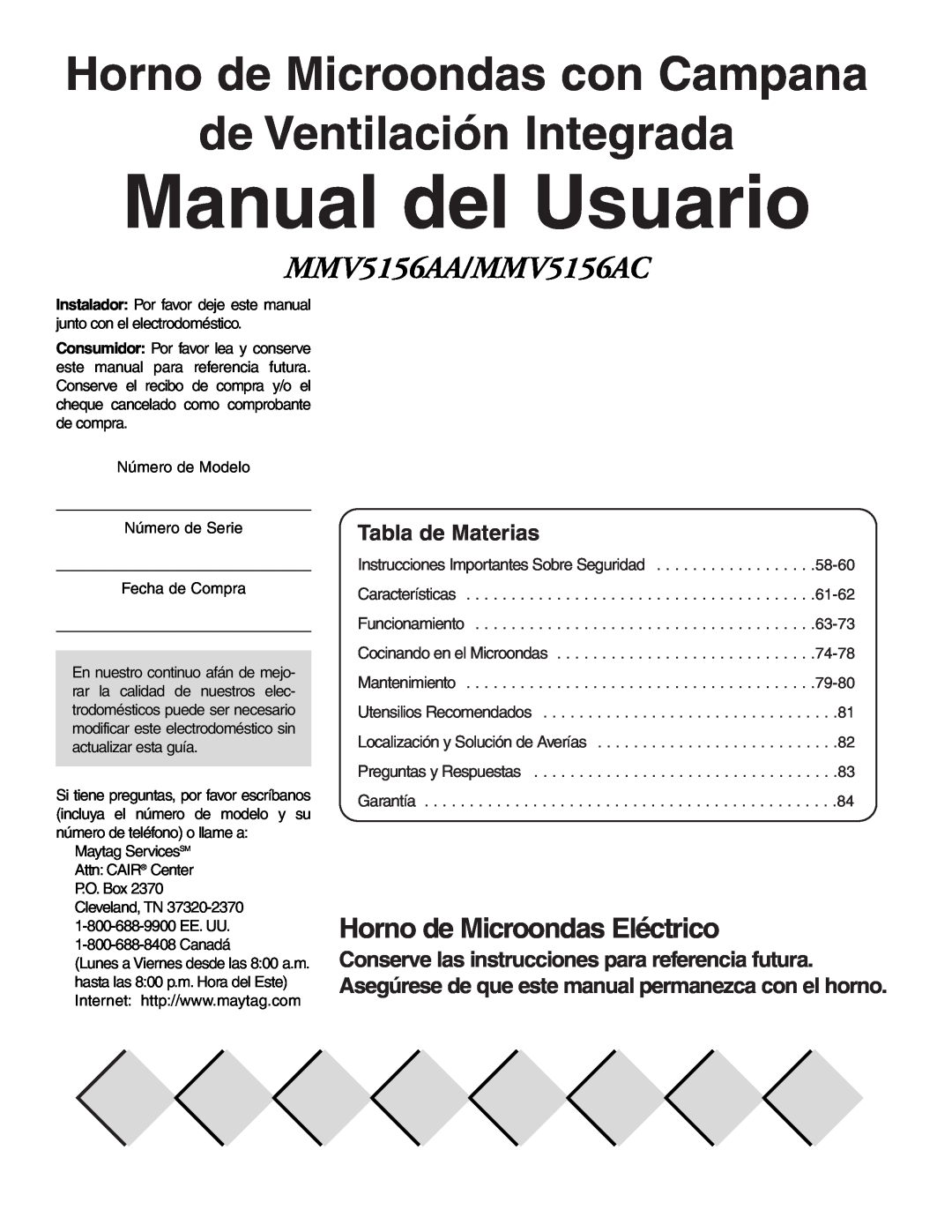 Maytag MMV51566AA/MMV5156AC Manual del Usuario, Horno de Microondas Eléctrico, Tabla de Materias, de Ventilación Integrada 
