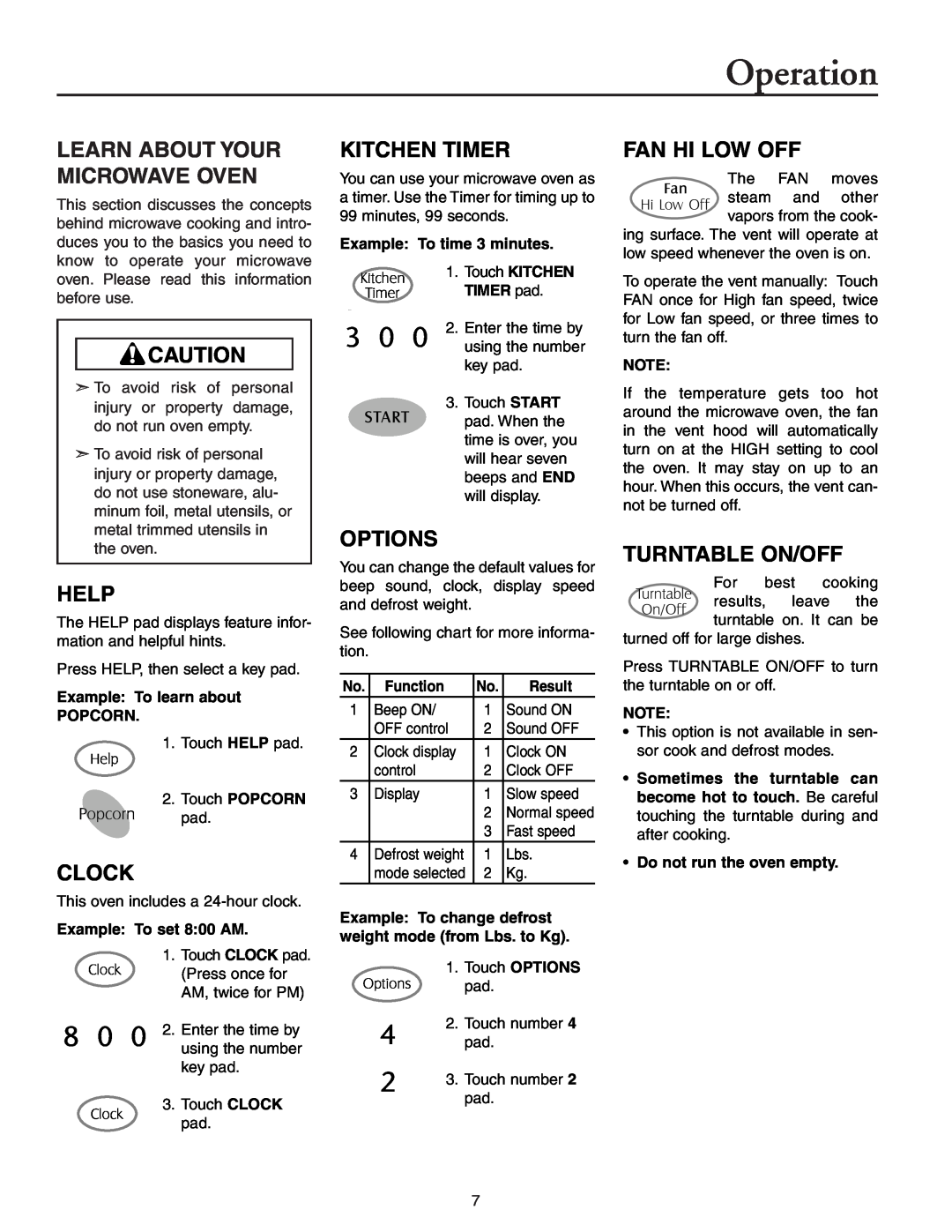 Maytag MMV51566AA/MMV5156AC owner manual Operation, Learn About Your Microwave Oven, Help, Clock, Kitchen Timer, Options 