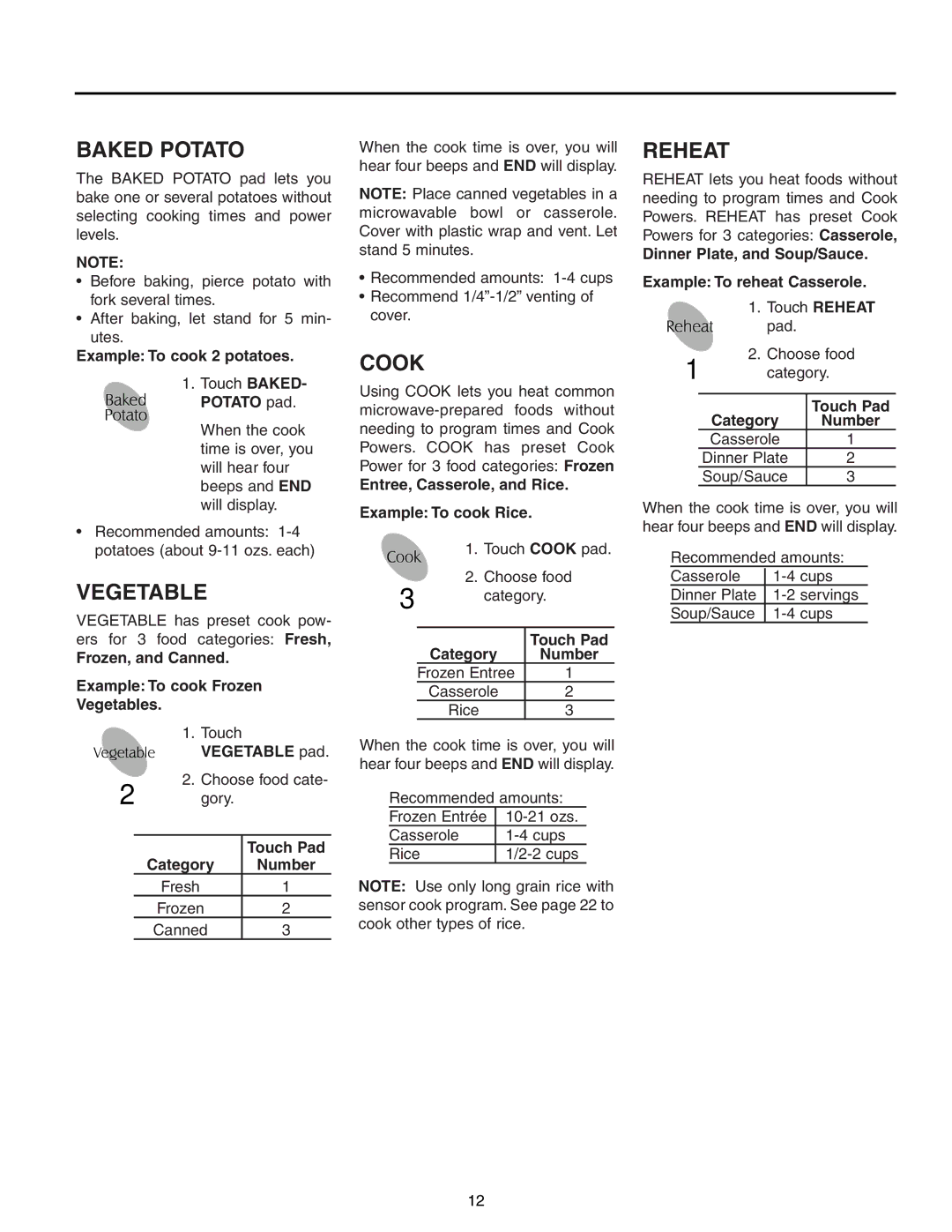 Maytag MMV5156AC, MMV5156AA owner manual Baked Potato, Vegetable, Cook, Reheat 