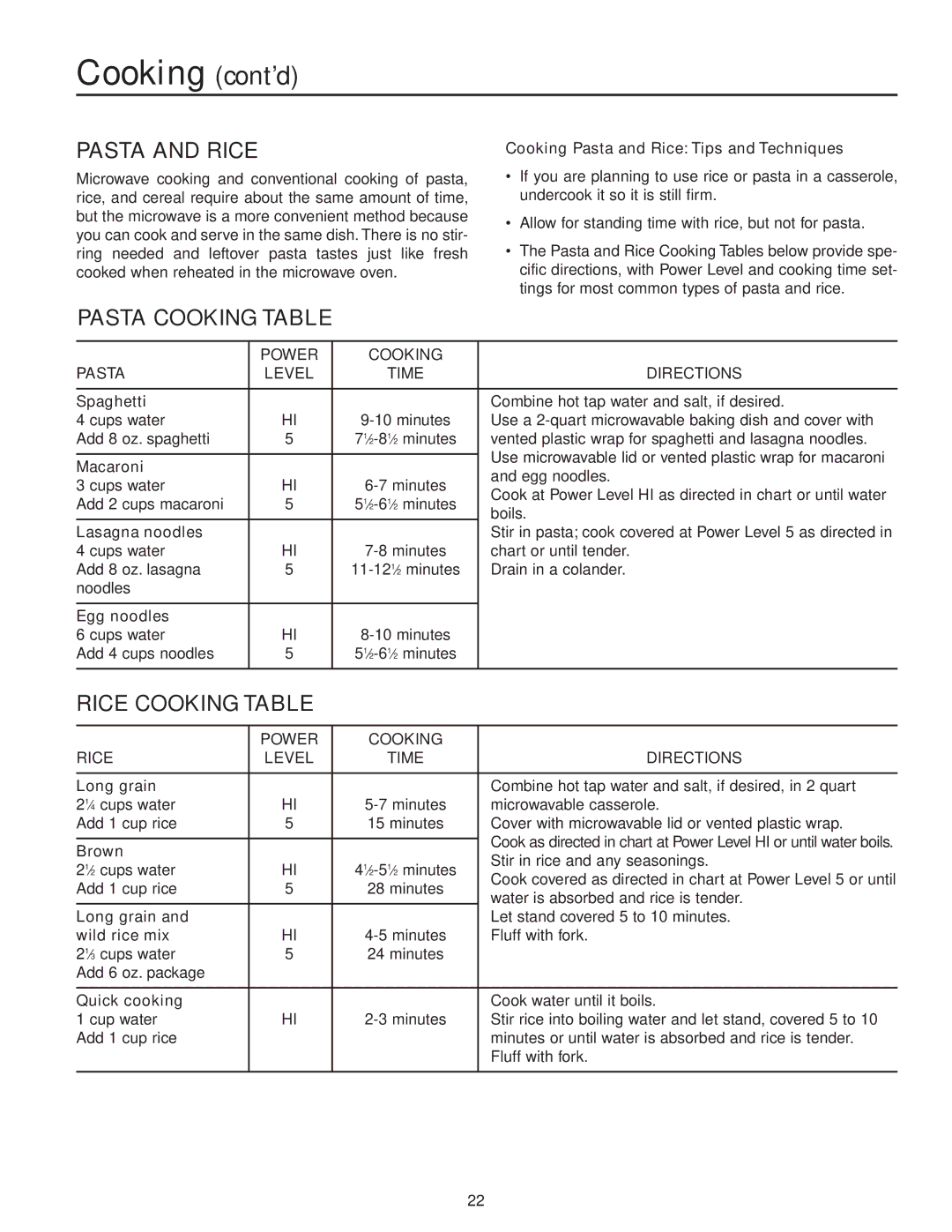 Maytag MMV5156AC Pasta and Rice, Pasta Cooking Table, Rice Cooking Table, Power Cooking Pasta Level Time Directions 