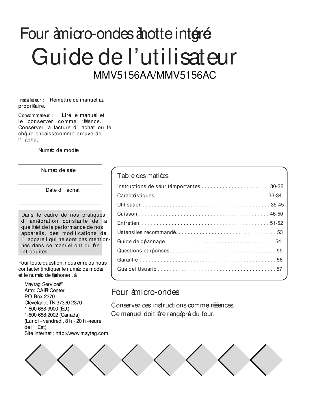 Maytag MMV5156AA, MMV5156AC owner manual Guide de l’utilisateur, Table des matières 