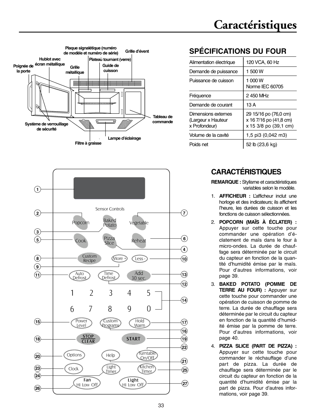 Maytag MMV5156AA, MMV5156AC owner manual Caractéristiques, Spécifications DU Four 