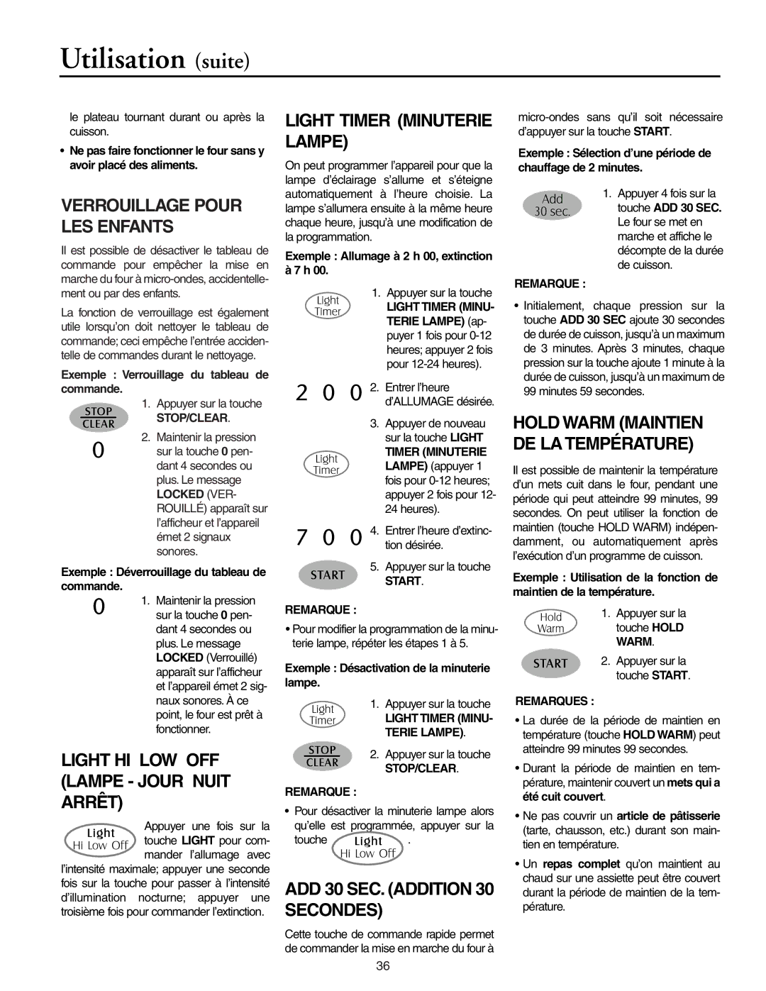 Maytag MMV5156AC, MMV5156AA owner manual Utilisation suite, Verrouillage Pour LES Enfants, Light Timer Minuterie Lampe 