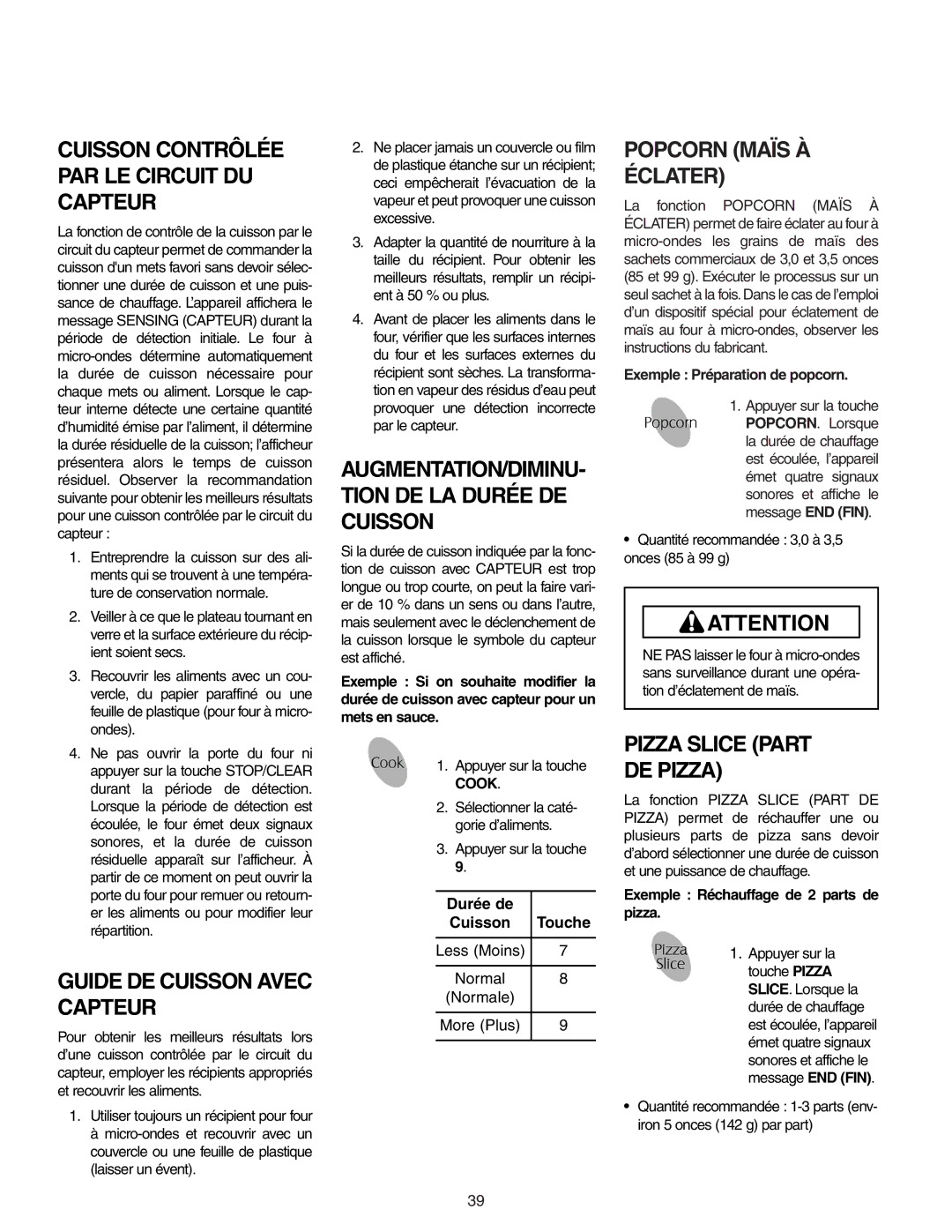 Maytag MMV5156AA, MMV5156AC owner manual Guide DE Cuisson Avec Capteur, Popcorn Maïs À Éclater, Pizza Slice Part DE Pizza 