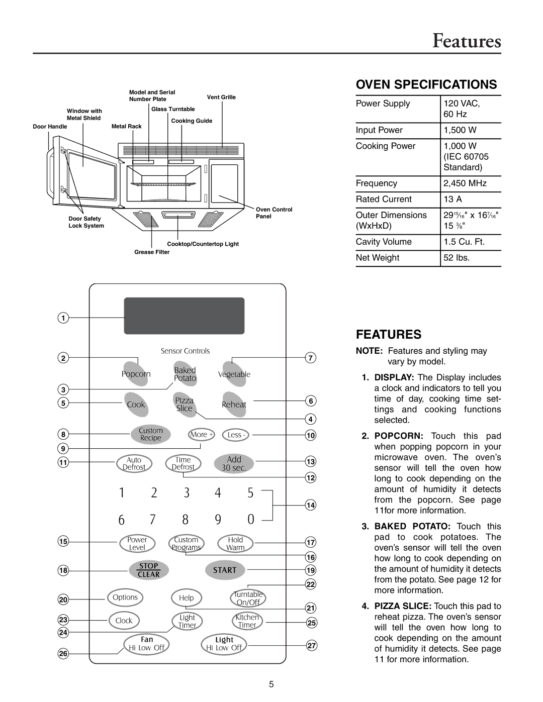 Maytag MMV5156AA, MMV5156AC owner manual Features, Oven Specifications, Net Weight 52 lbs 