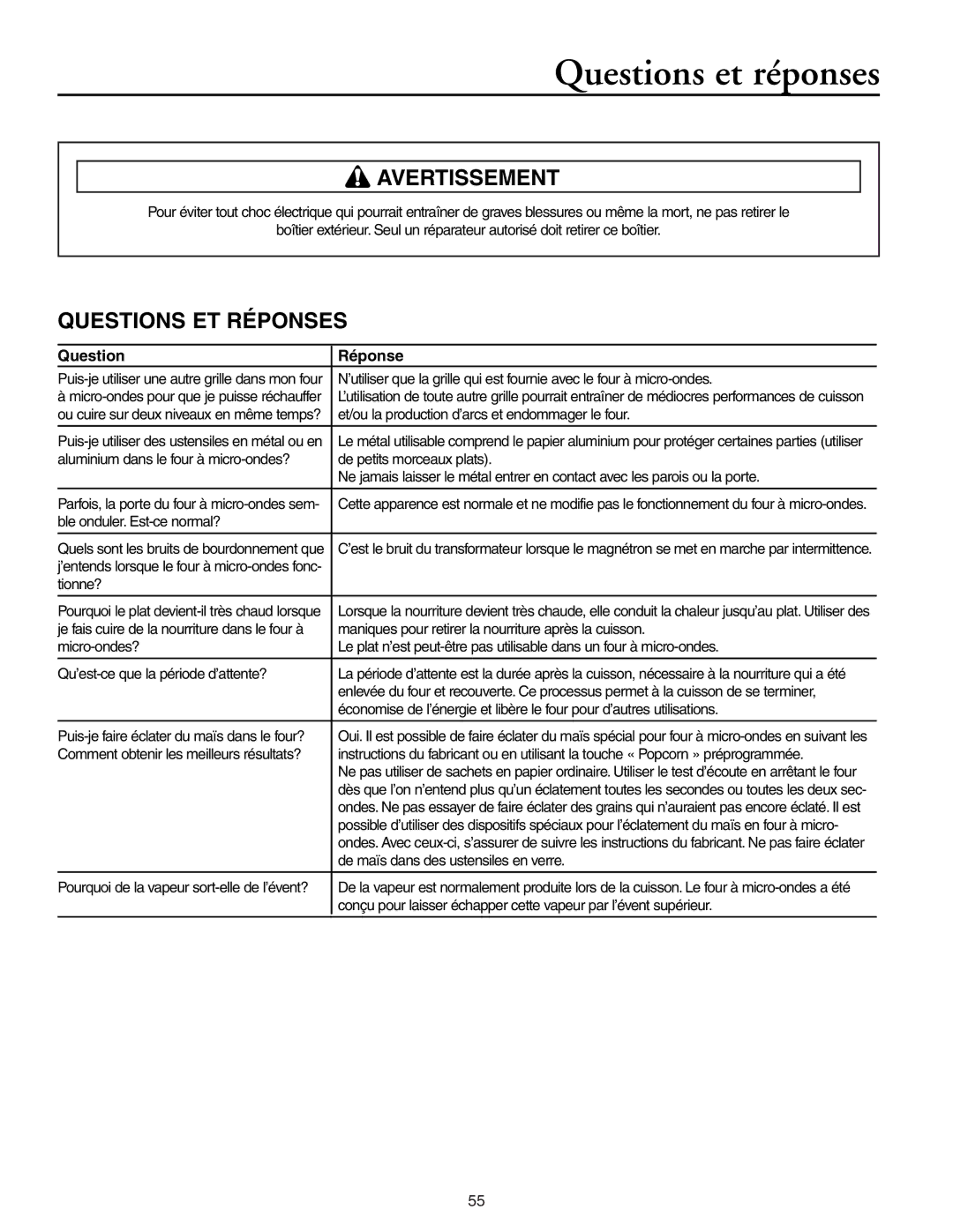 Maytag MMV5156AA, MMV5156AC owner manual Questions et réponses, Questions ET Réponses, Question Réponse 