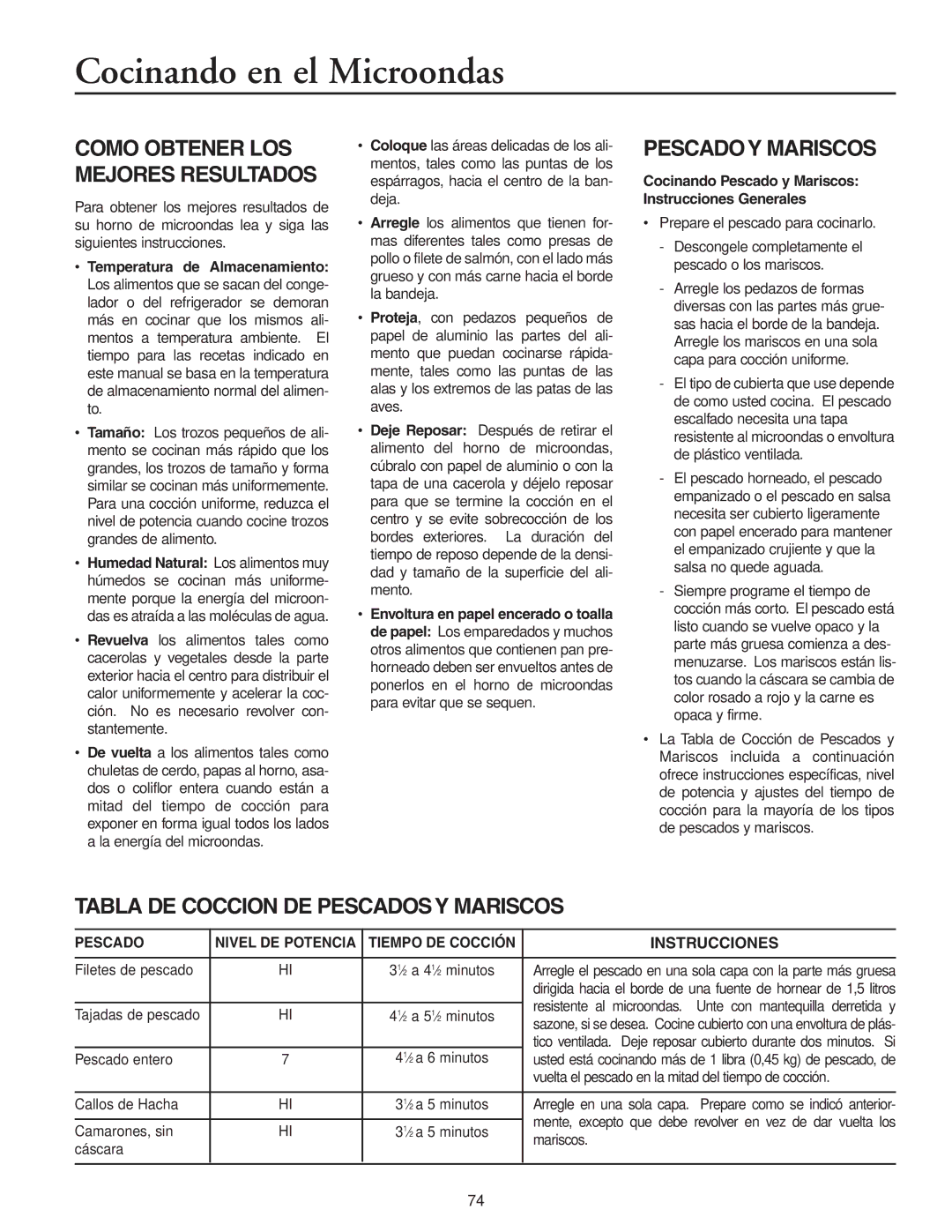 Maytag MMV5156AC Cocinando en el Microondas, Pescado Y Mariscos, Tabla DE Coccion DE Pescados Y Mariscos, Instrucciones 