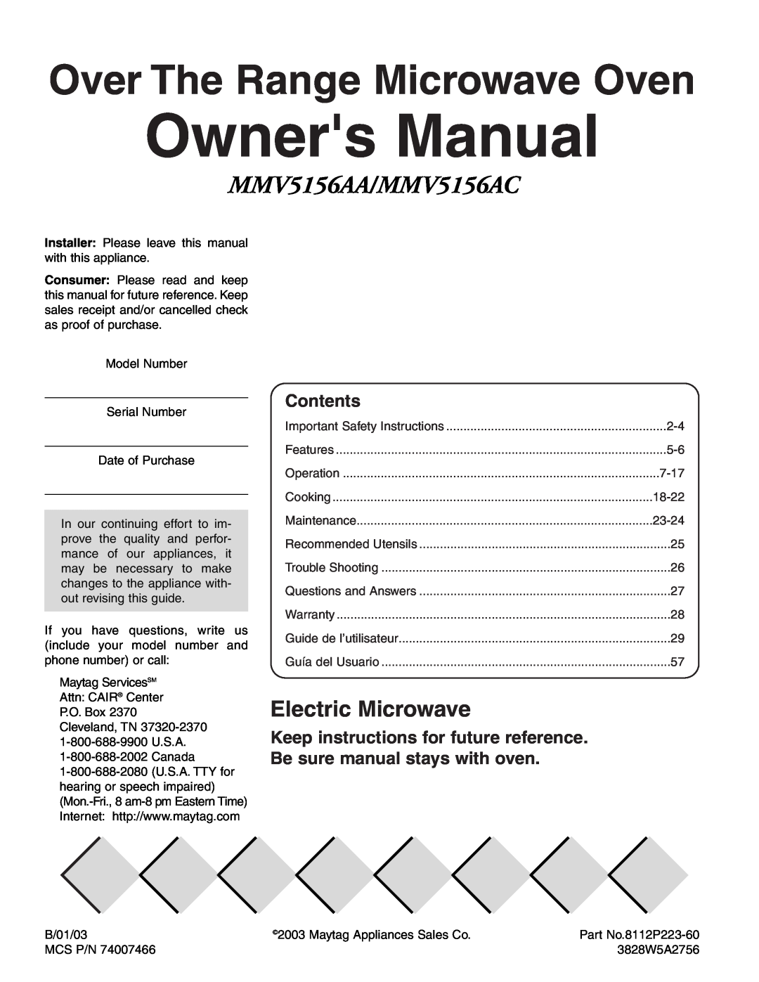 Maytag owner manual Owners Manual, Over The Range Microwave Oven, MMV5156AA/MMV5156AC, Electric Microwave, Contents 