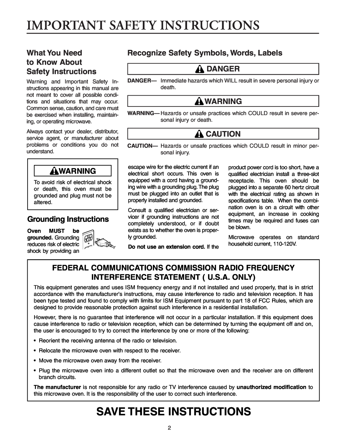 Maytag MMV5156AC Important Safety Instructions, Save These Instructions, Recognize Safety Symbols, Words, Labels DANGER 