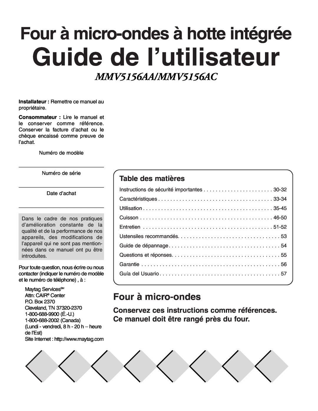 Maytag owner manual Guide de l’utilisateur, Four à micro-ondes à hotte intégrée, Table des matières, MMV5156AA/MMV5156AC 