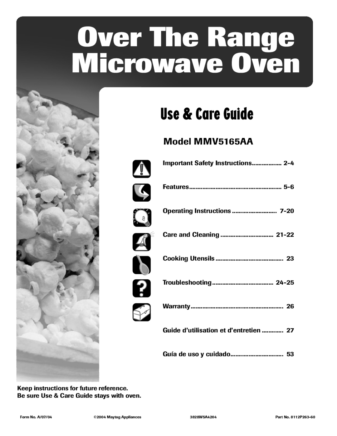 Maytag MMV5165AA important safety instructions Features, Warranty 