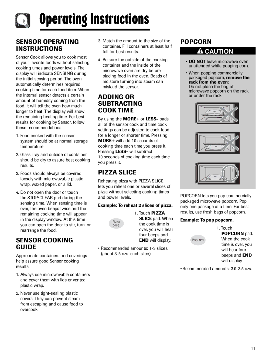 Maytag MMV5165AA important safety instructions Sensor Cooking Guide, Adding or Subtracting Cook Time, Pizza Slice, Popcorn 