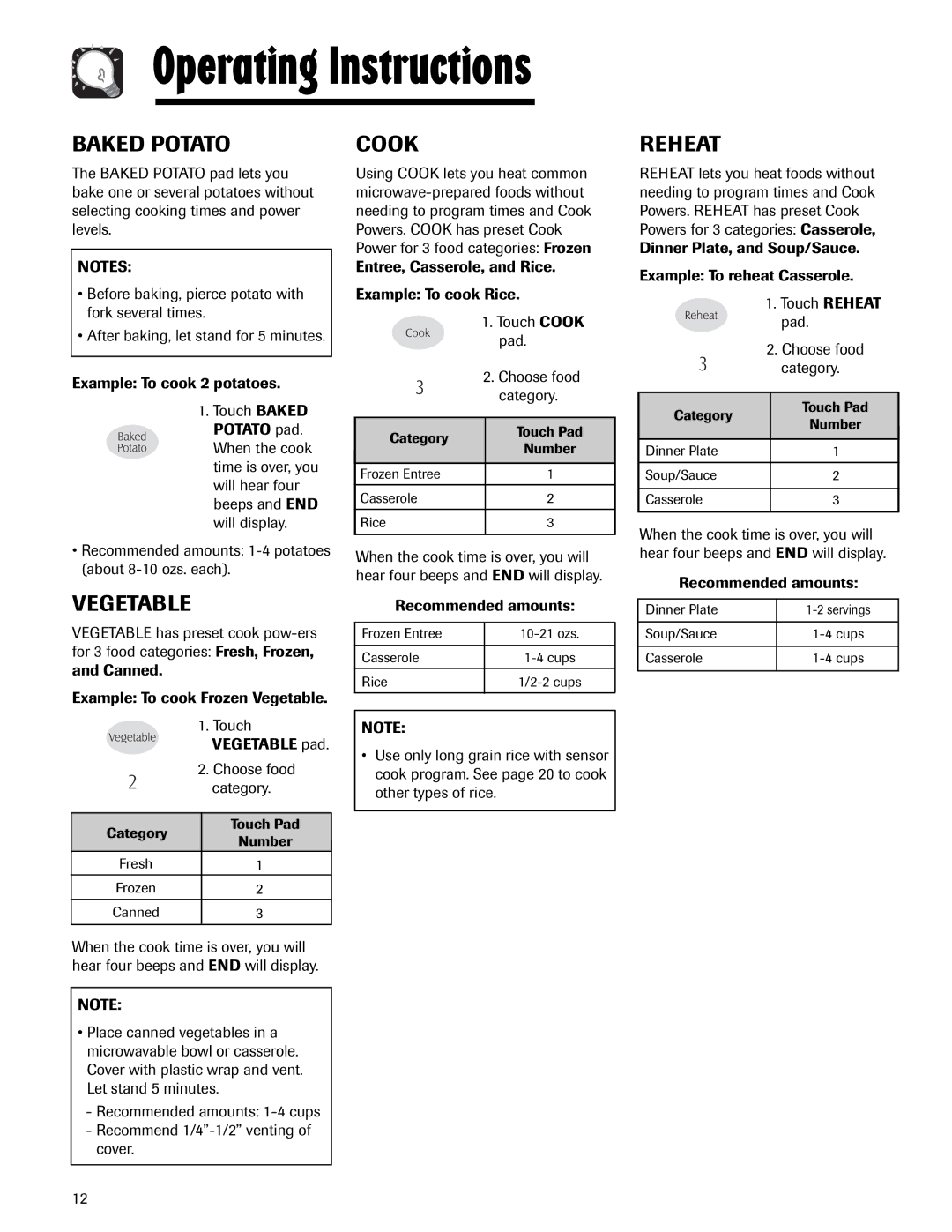 Maytag MMV5165AA important safety instructions Baked Potato, Vegetable, Cook, Reheat 