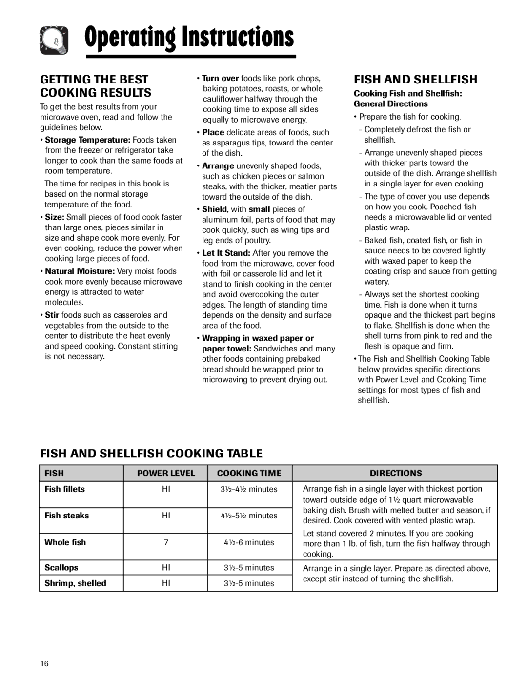 Maytag MMV5165AA Fish and Shellfish Cooking Table, Fish Power Level Cooking Time Directions 