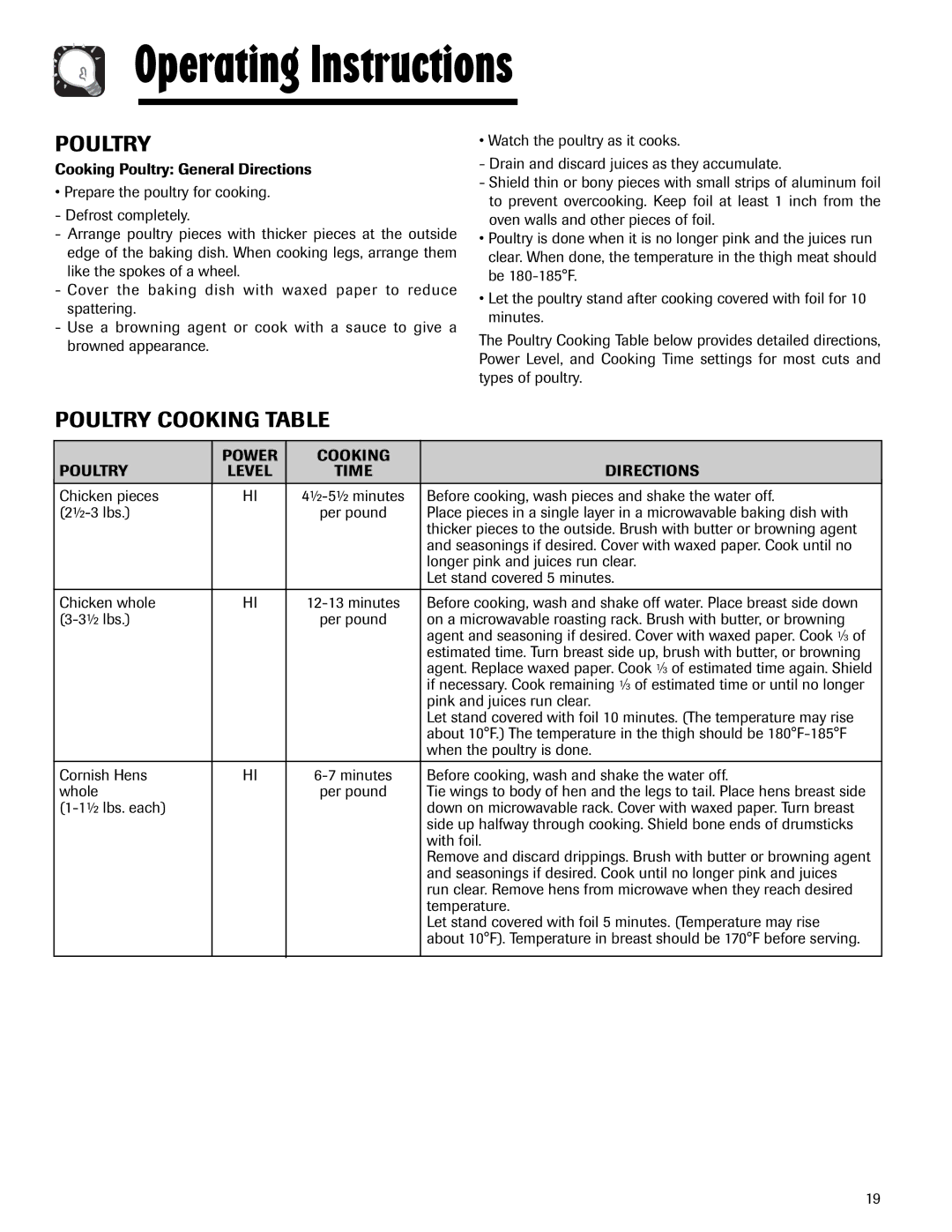 Maytag MMV5165AA important safety instructions Poultry Cooking Table, Power Cooking Poultry, Time Directions 