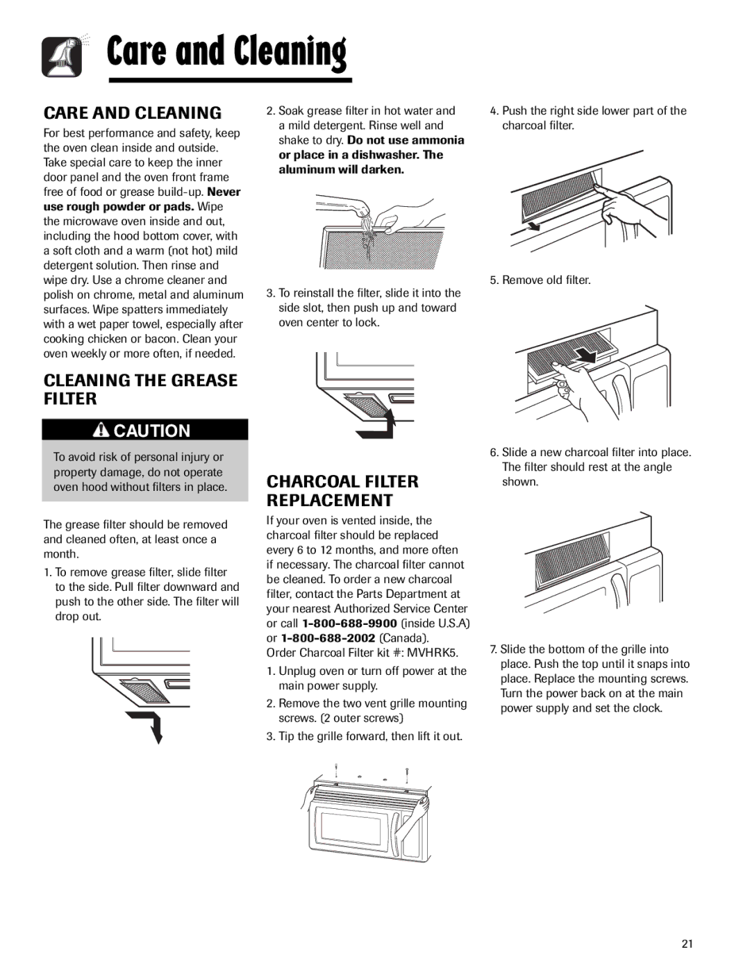 Maytag MMV5165AA important safety instructions Care and Cleaning, Cleaning the Grease Filter, Charcoal Filter Replacement 