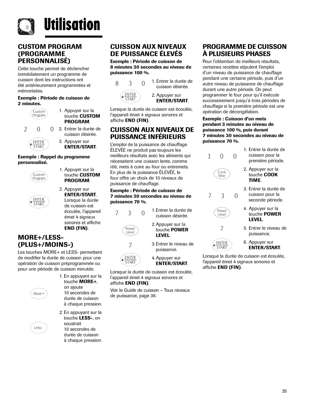 Maytag MMV5165AA Custom Program Programme Personnalisé, More+/Less- Plus+/Moins, Cuisson AUX Niveaux DE Puissance Élevés 