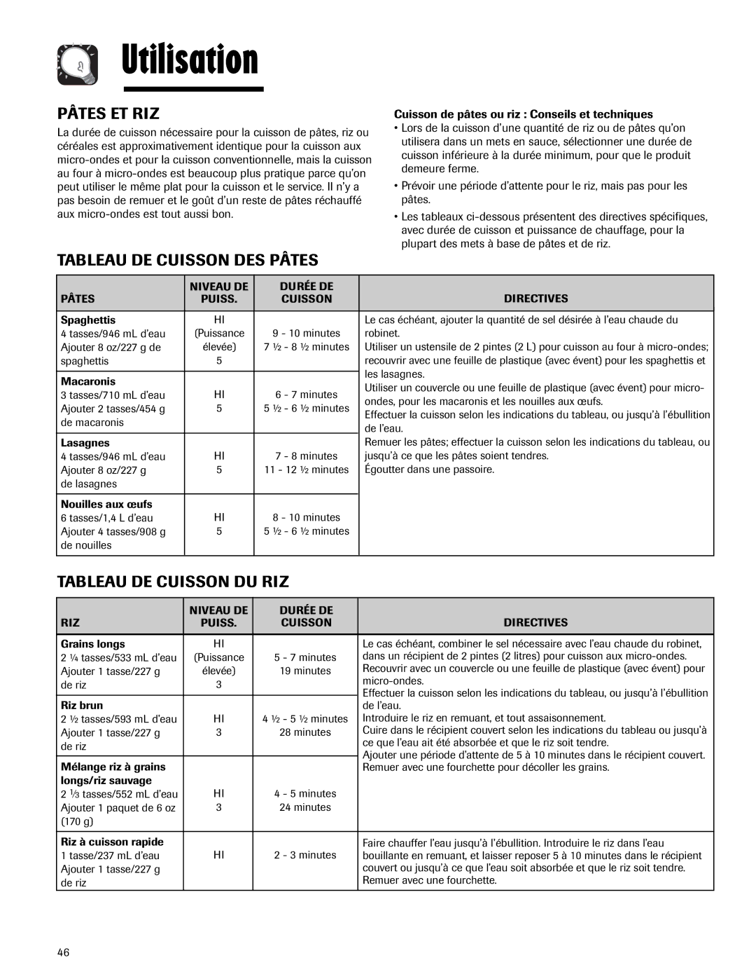 Maytag MMV5165AA important safety instructions Pâtes ET RIZ, Tableau DE Cuisson DES Pâtes, Tableau DE Cuisson DU RIZ 