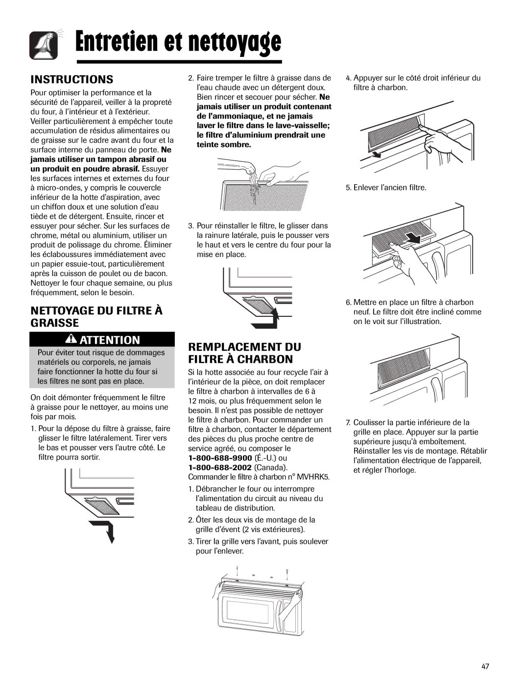 Maytag MMV5165AA Entretien et nettoyage, Instructions, Nettoyage DU Filtre À Graisse, Remplacement DU Filtre À Charbon 