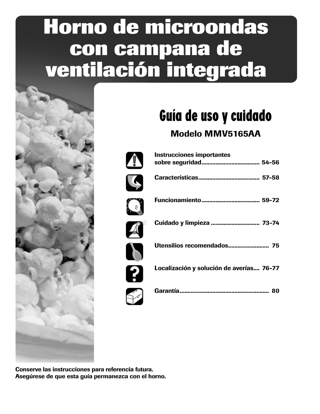 Maytag MMV5165AA important safety instructions Horno de microondas Con campana de Ventilación integrada, Garantía 