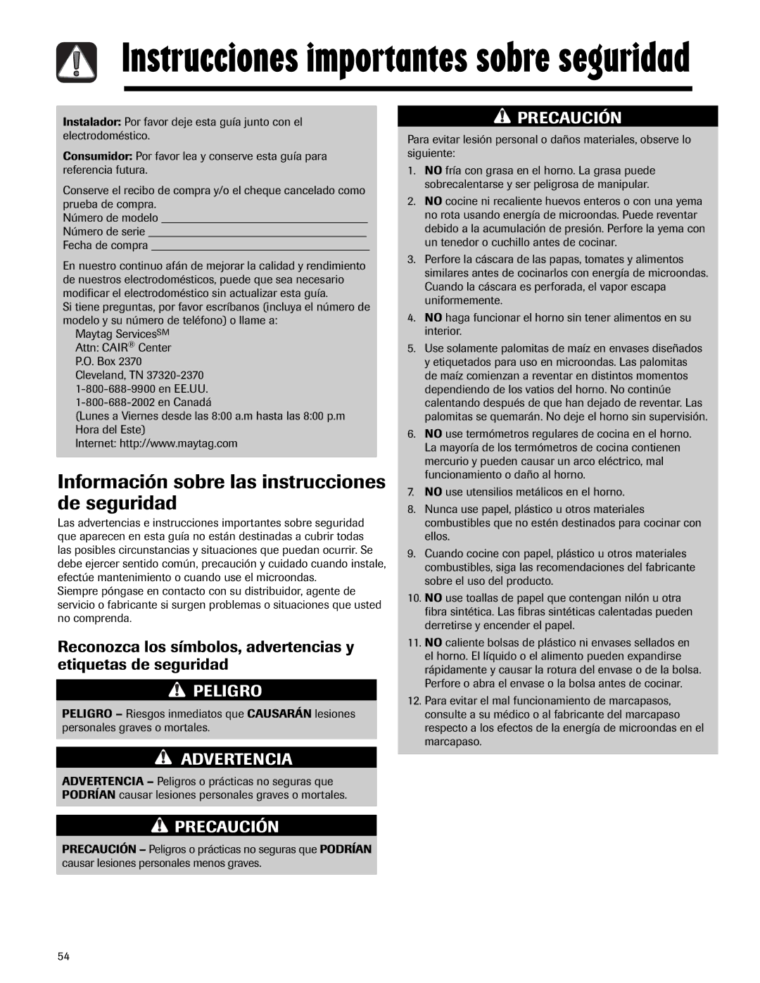 Maytag MMV5165AA important safety instructions Instrucciones importantes sobre seguridad 