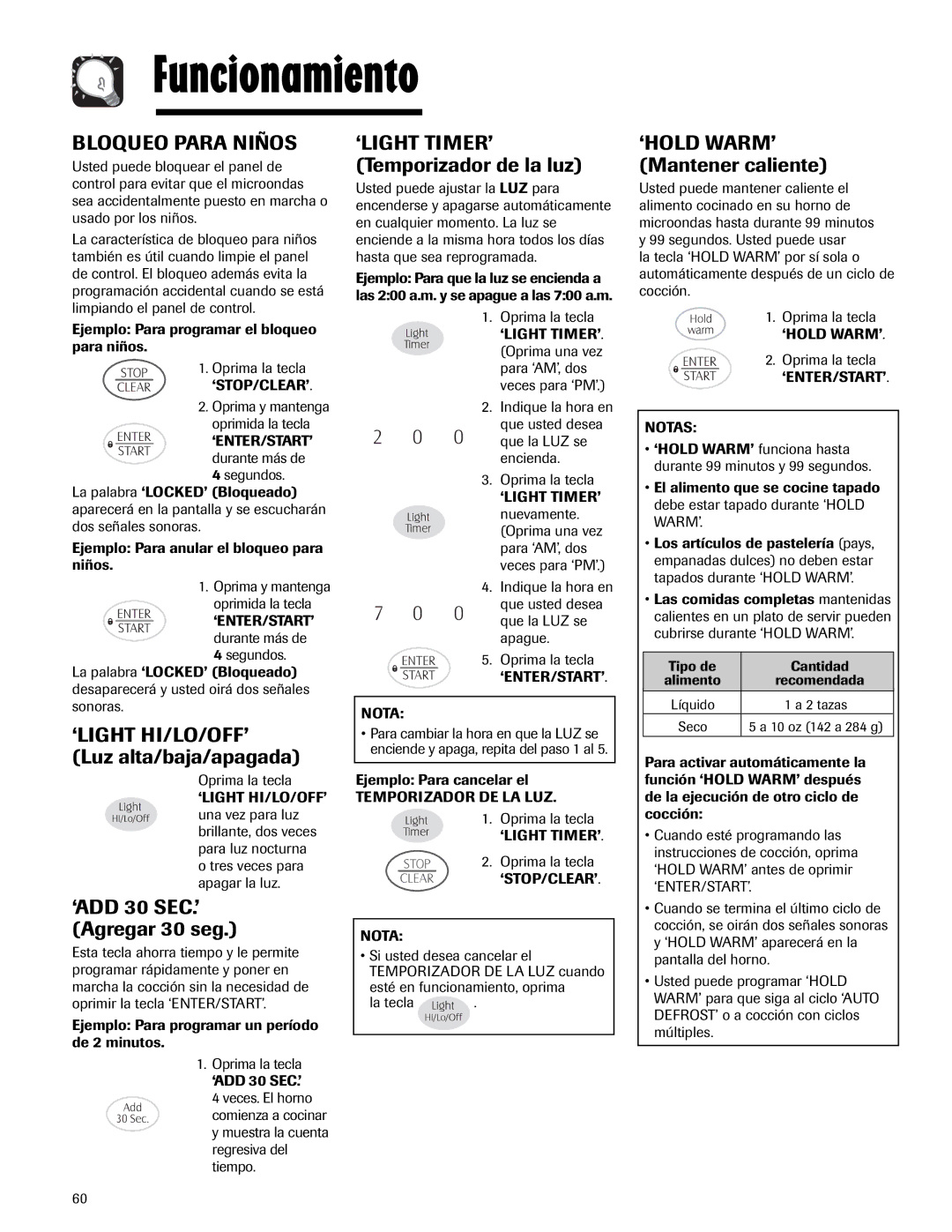 Maytag MMV5165AA Bloqueo Para Niños, ‘LIGHT HI/LO/OFF’ Luz alta/baja/apagada, ‘LIGHT TIMER’ Temporizador de la luz 