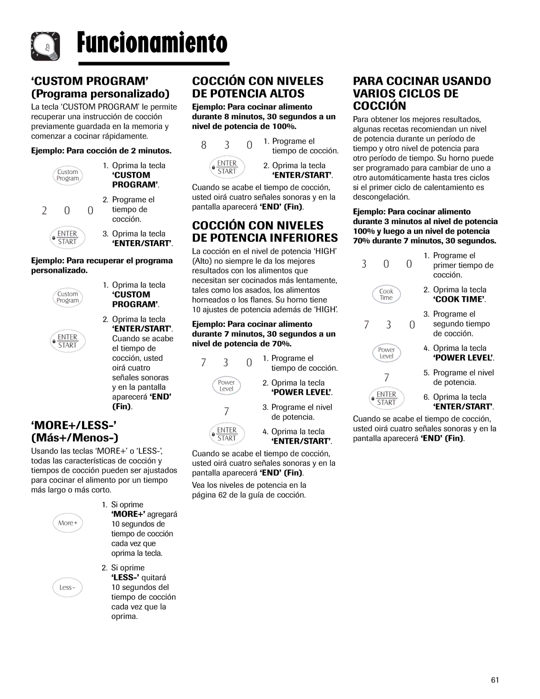 Maytag MMV5165AA ‘CUSTOM PROGRAM’ Programa personalizado, ‘MORE+/LESS-’ Más+/Menos, Cocción CON Niveles DE Potencia Altos 