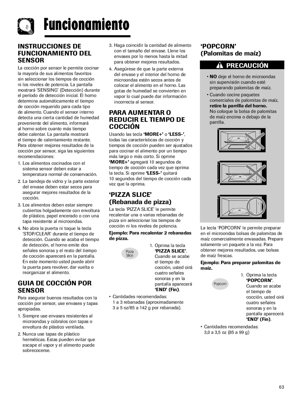 Maytag MMV5165AA Instrucciones DE Funcionamiento DEL Sensor, Guia DE Cocción POR Sensor, ‘PIZZA SLICE’ Rebanada de pizza 