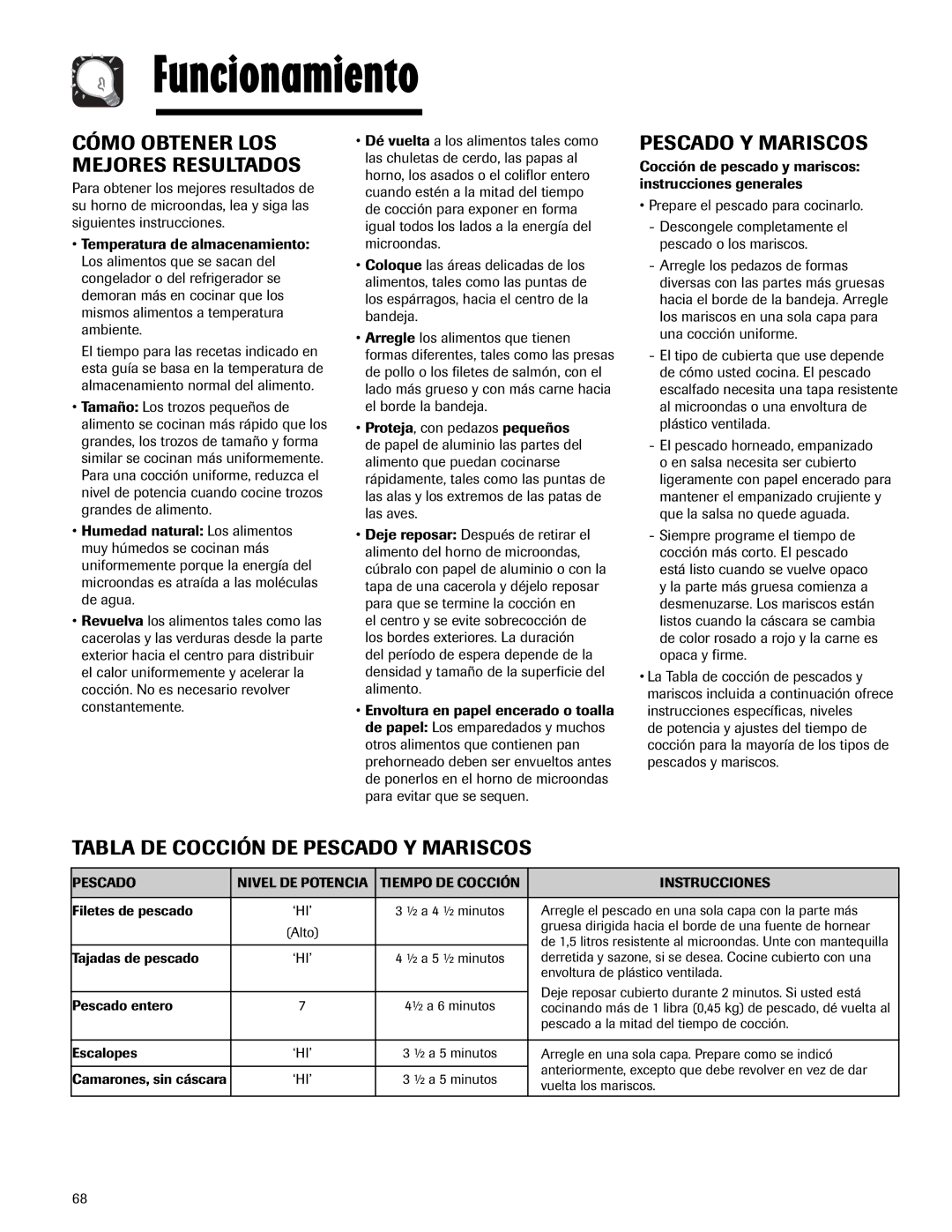 Maytag MMV5165AA Cómo Obtener LOS Mejores Resultados, Tabla DE Cocción DE Pescado Y Mariscos 